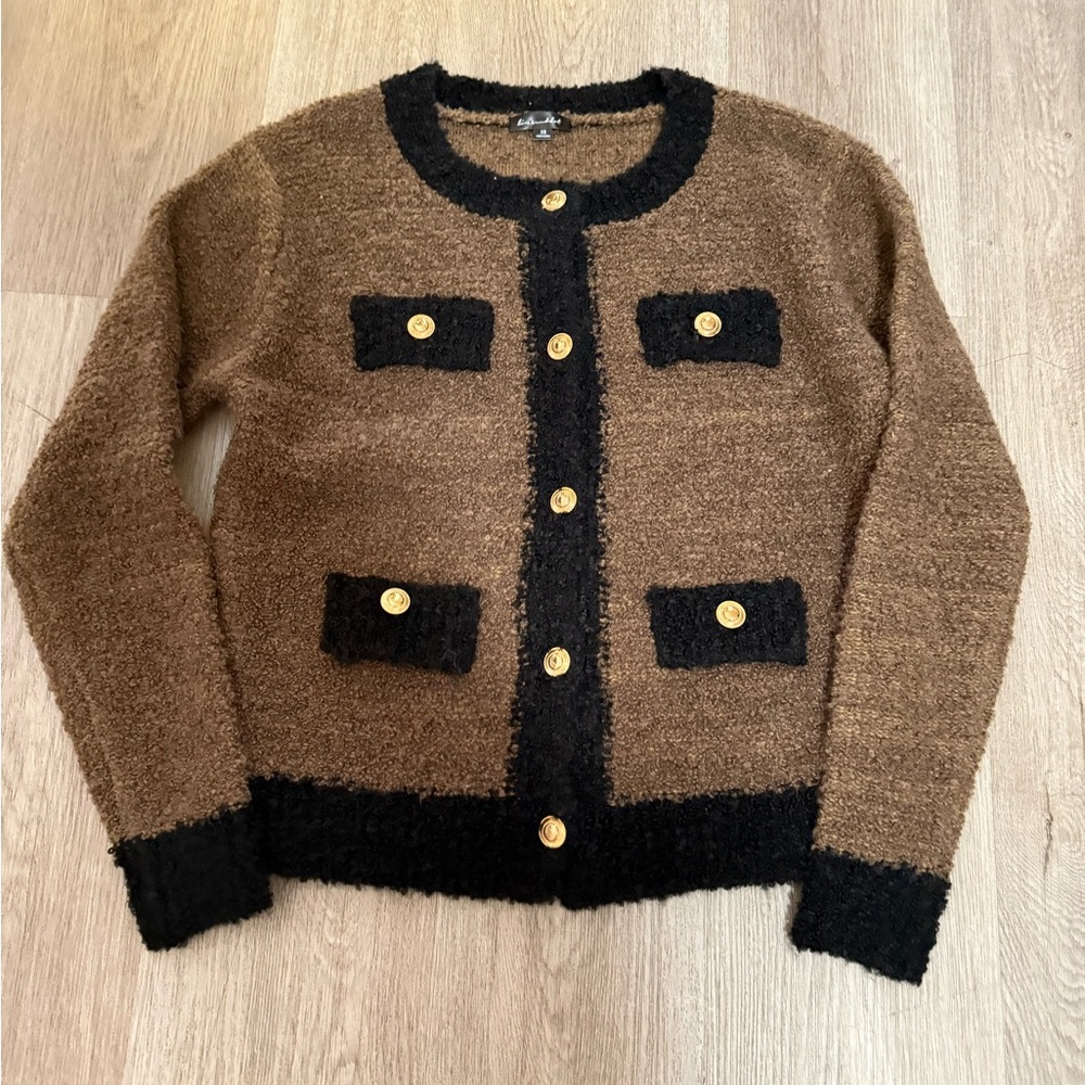 line & dot brown & black button front knit cardigan sweater jacket size small